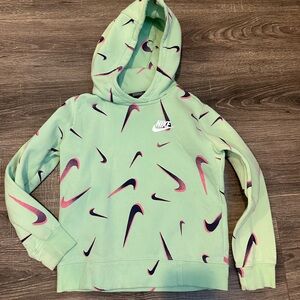 Nike Youth Small Mint Hoodie with Pink and Black Swoosh Patterns